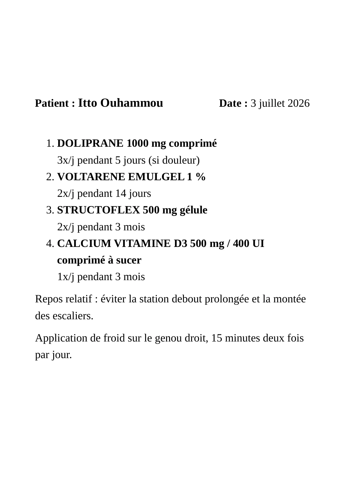Ordonnance DrBook imprimée en A5 : nom du patient, date, médicaments numérotés et consignes