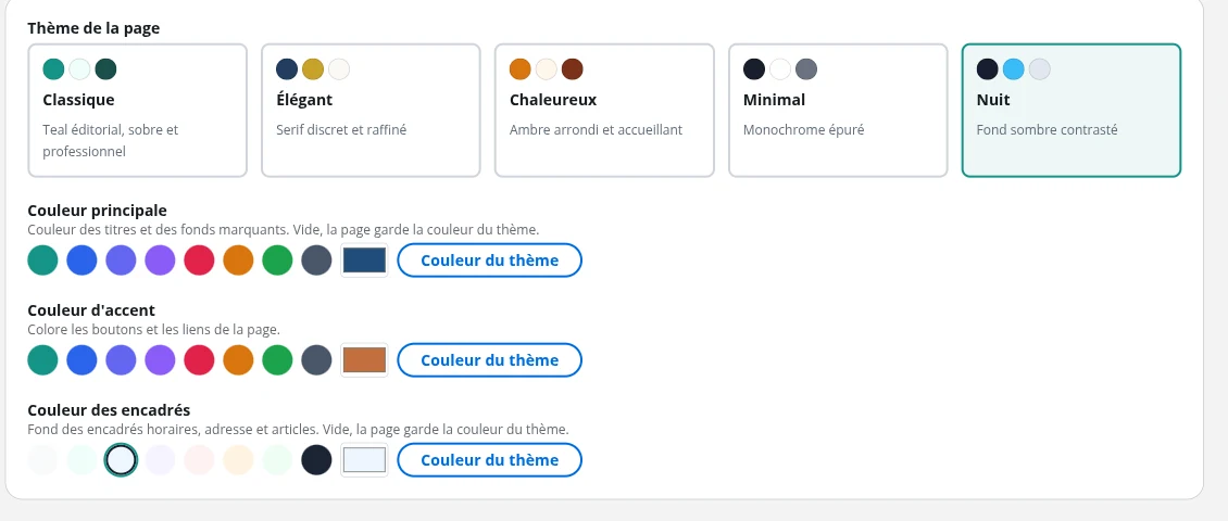 Écran de personnalisation de la page publique sur DrBook : cinq mises en page et trois couleurs à choisir