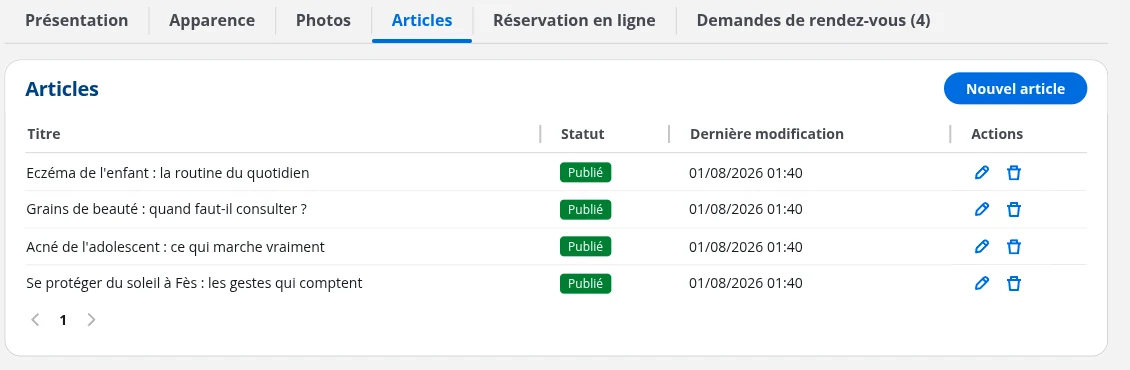 Liste des articles publiés sur la page web d'un cabinet médical, gérée depuis DrBook
