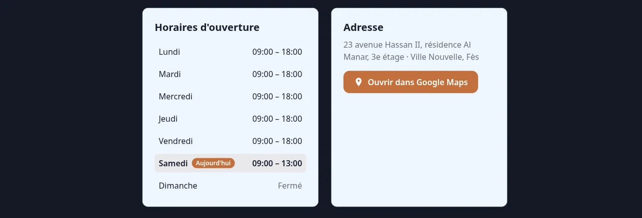 Horaires d'ouverture et adresse d'un cabinet médical affichés sur sa page publique, avec un bouton d'ouverture dans Google Maps