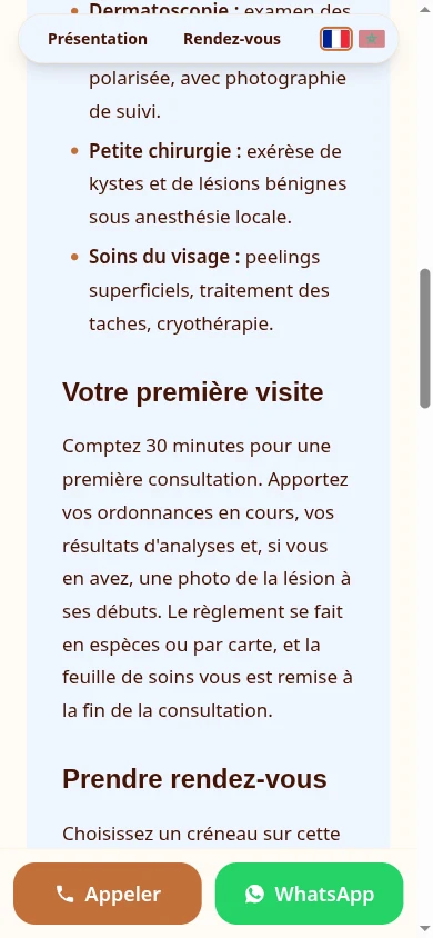 Page web d'un cabinet médical sur un téléphone, avec les boutons Appeler et WhatsApp posés en bas de l'écran