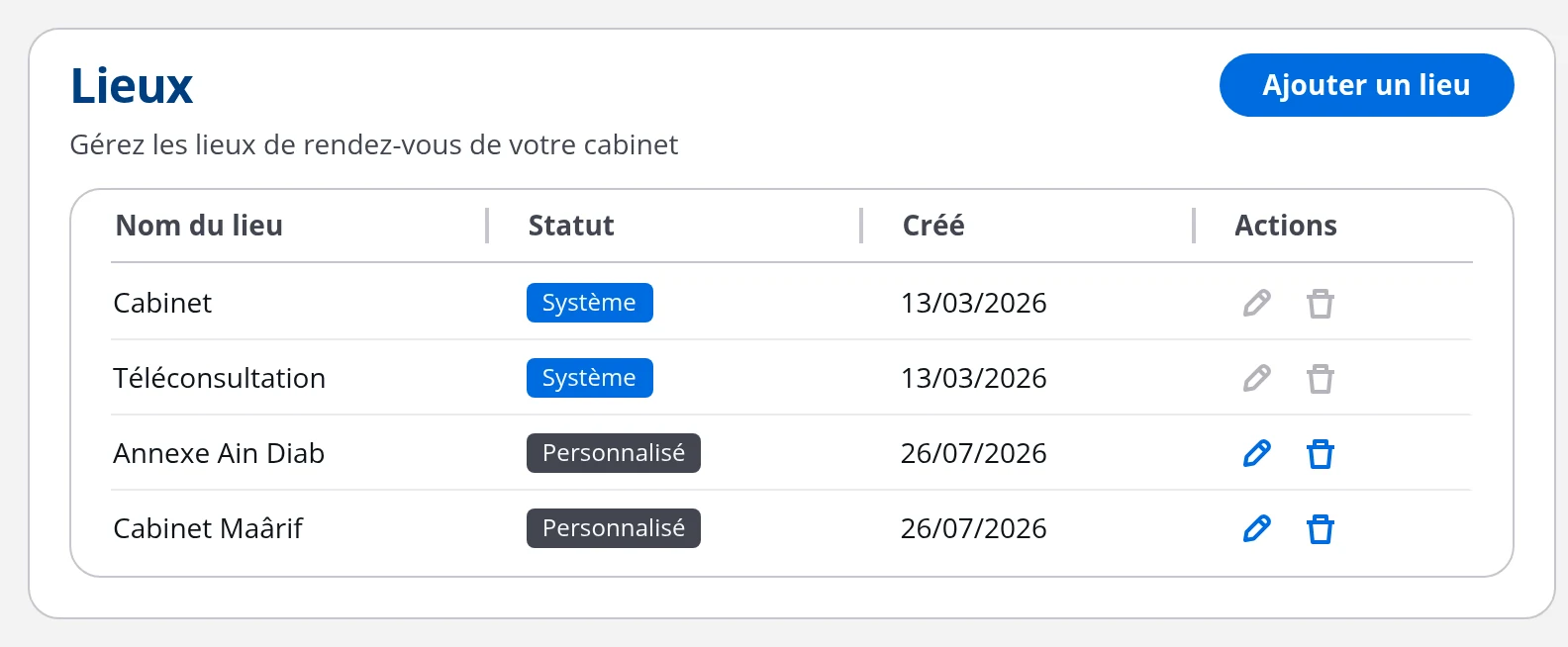 Onglet des lieux de rendez-vous dans DrBook : lieux système et lieux personnalisés du cabinet