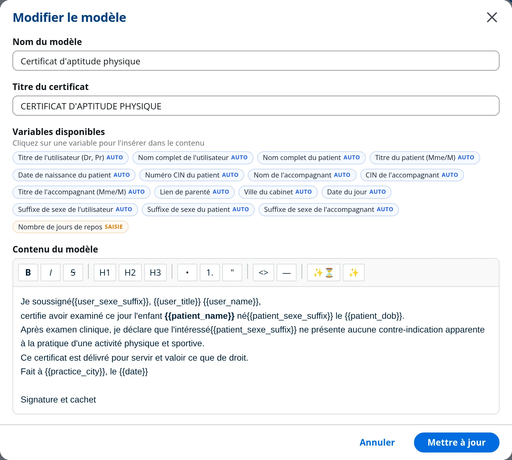 Fenêtre de modification d'un modèle de certificat dans DrBook : les variables disponibles et le texte du modèle