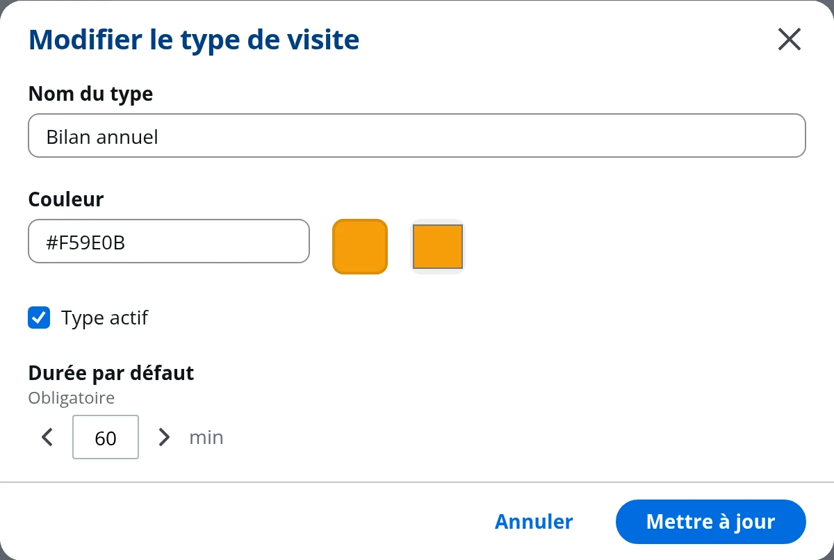 Fenêtre de modification d'un type de visite dans DrBook : nom, couleur, statut actif et durée par défaut