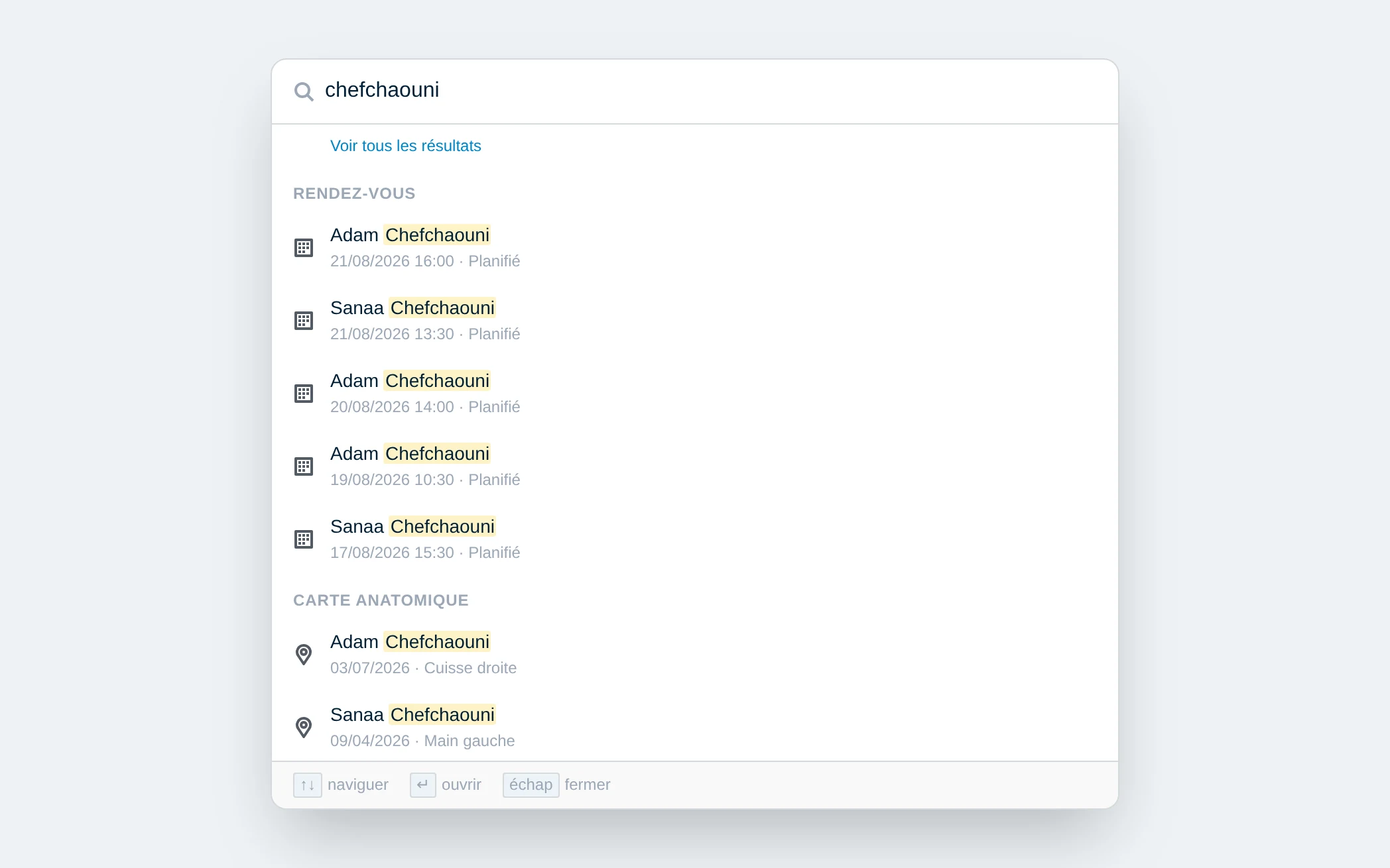 Groupes Rendez-vous et Carte anatomique dans les résultats de recherche DrBook