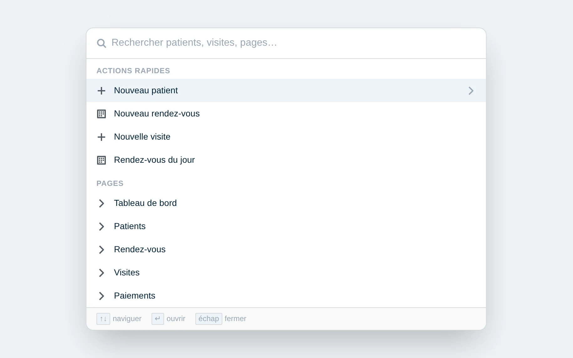 Palette de recherche DrBook ouverte et vide, avec les actions rapides et les pages du logiciel