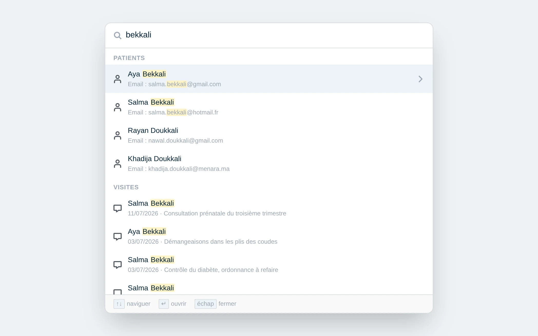 Palette de recherche DrBook ouverte sur le mot bekkali, avec les résultats rangés par groupes : patients puis visites