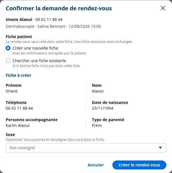 Fenêtre de confirmation d'une demande de rendez-vous dans DrBook, avec le choix de la fiche patient
