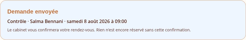 Message affiché au patient après l'envoi de sa demande de rendez-vous en ligne
