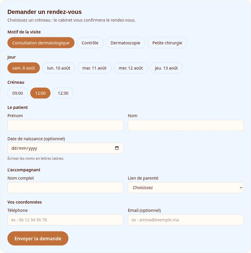 Formulaire de demande de rendez-vous en ligne d'un cabinet médical : identité du patient, accompagnant et coordonnées