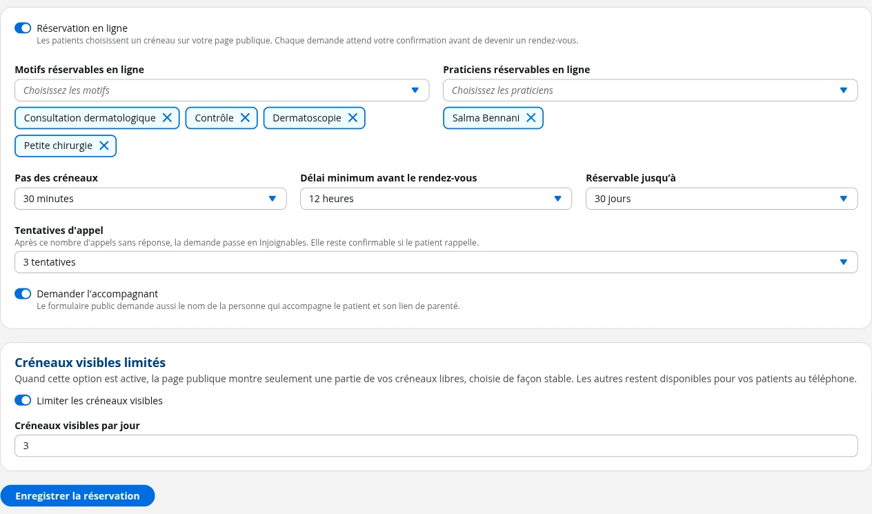 Réglages de la réservation en ligne d'un cabinet médical dans DrBook : motifs, praticiens, durée des créneaux et préavis
