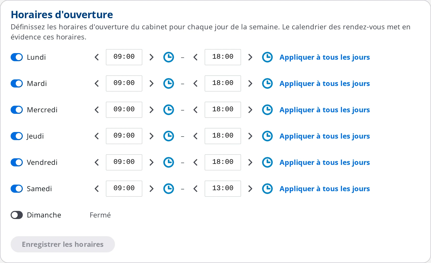 Écran de configuration des heures d'ouverture d'un cabinet médical sur DrBook, jour par jour