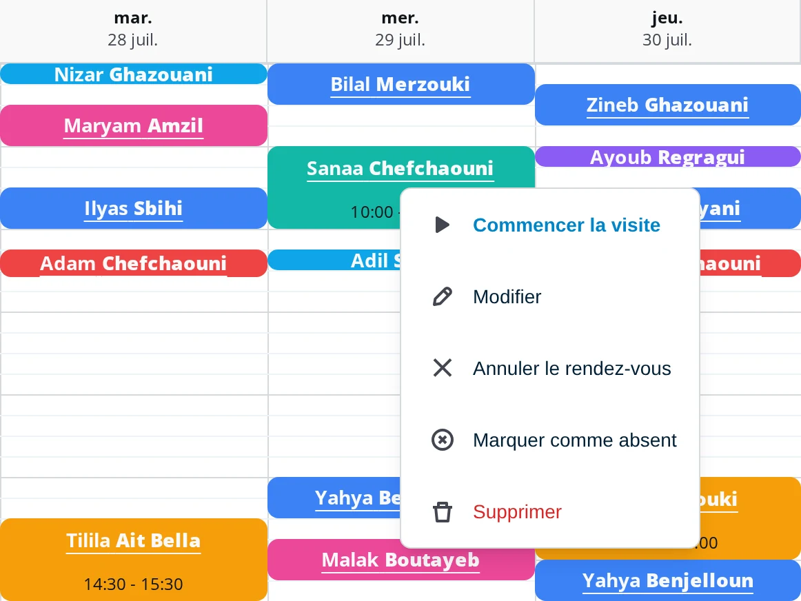 Menu d'actions d'un rendez-vous sur DrBook : commencer la visite, modifier, annuler le rendez-vous, marquer comme absent, supprimer
