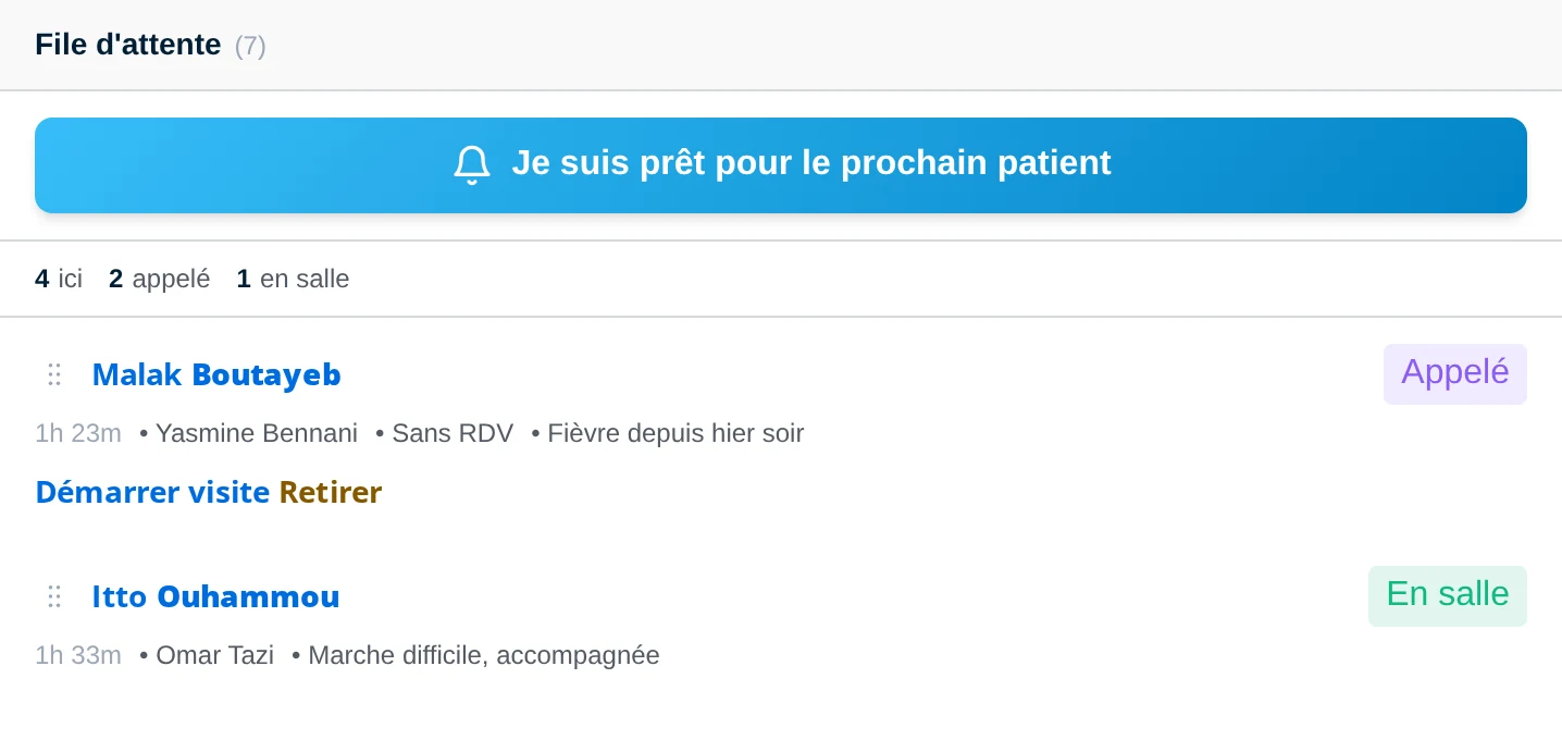 Bouton d'appel du patient suivant et compteurs de la file d'attente sur DrBook
