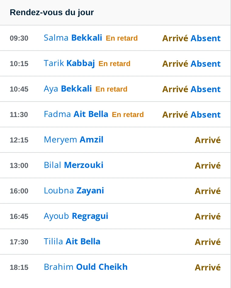 Liste des rendez-vous du jour d'un cabinet médical sur DrBook, avec les actions Arrivé et Absent