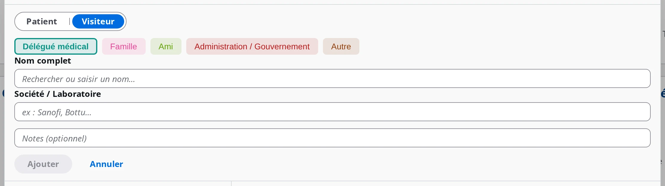 Ajout d'un visiteur dans la salle d'attente DrBook : délégué médical, famille, ami, administration, autre
