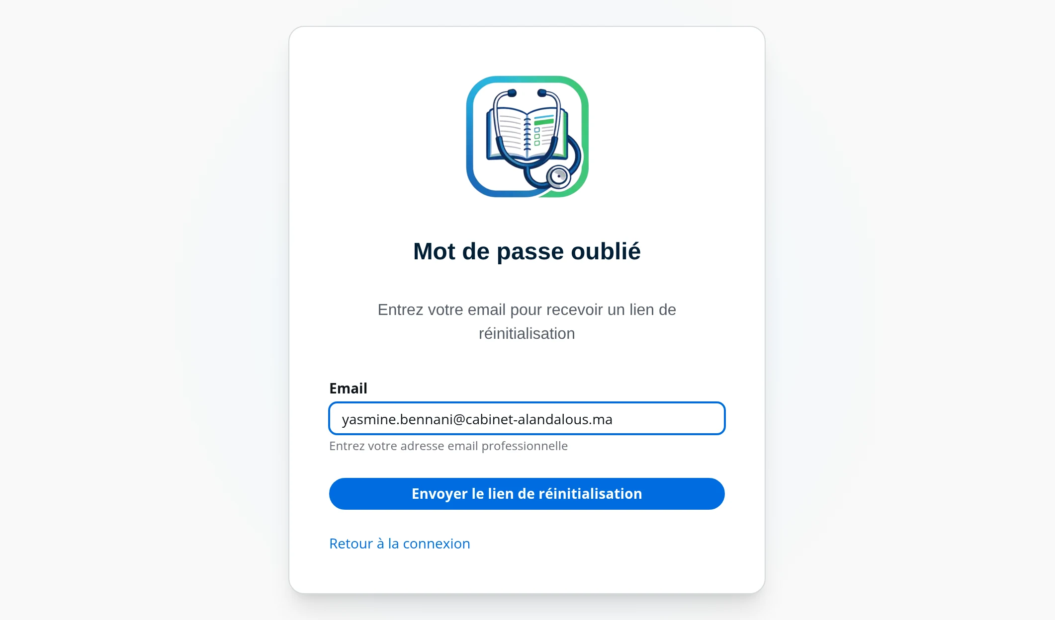 Écran Mot de passe oublié de DrBook, avec le bouton Envoyer le lien de réinitialisation