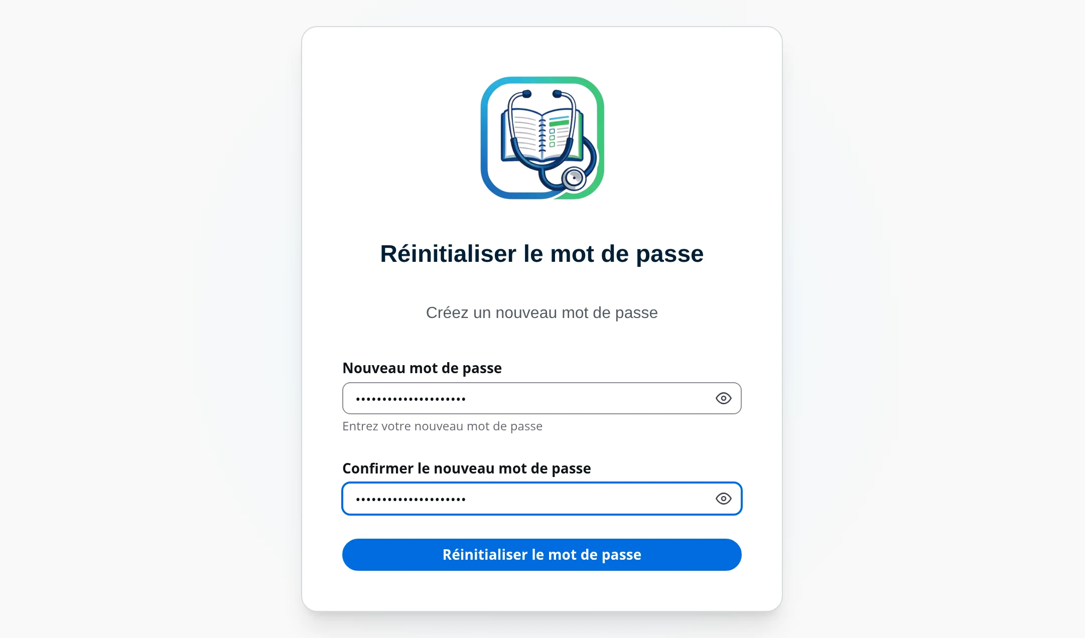 Écran de réinitialisation du mot de passe dans DrBook, avec le nouveau mot de passe et sa confirmation