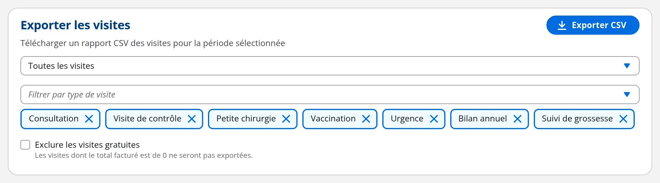 Onglet Exports des rapports DrBook : export CSV des visites avec filtres par période, statut et type de visite