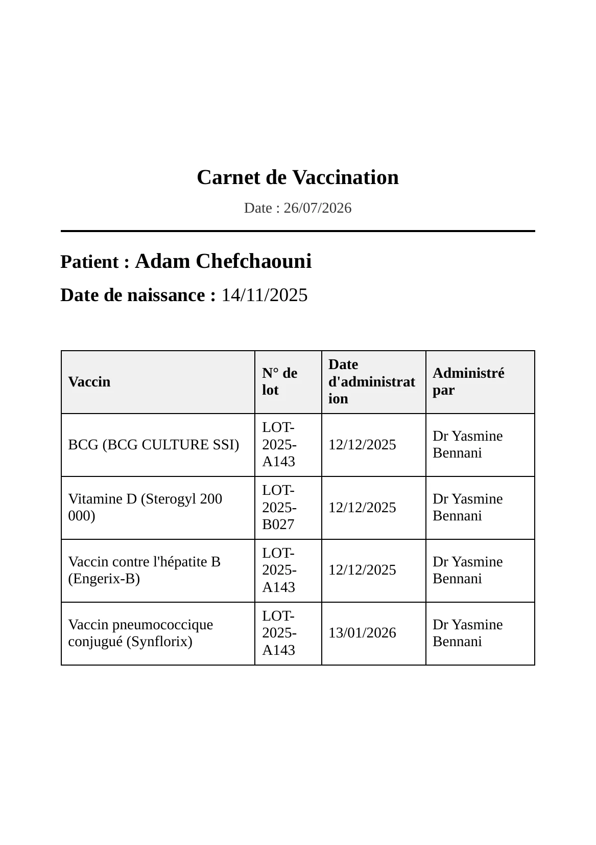 Carnet de vaccination imprimé par DrBook, avec les vaccins administrés, les lots et le praticien