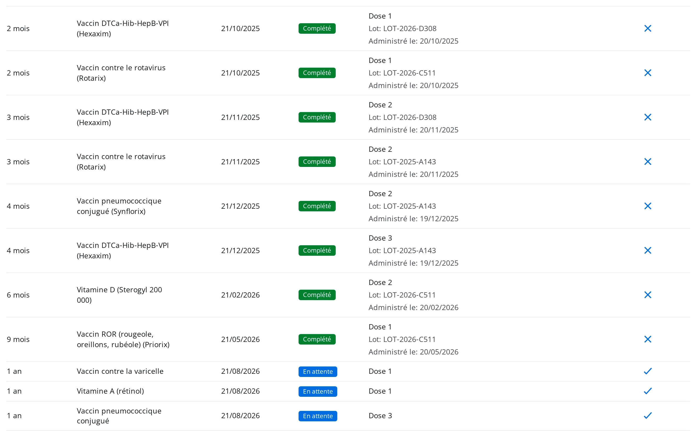 Carnet de vaccination dans une visite DrBook, avec les doses complétées et les doses en attente à valider