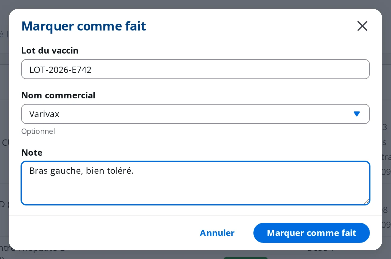 Fenêtre Marquer comme fait de DrBook, avec le lot du vaccin, le nom commercial et une note