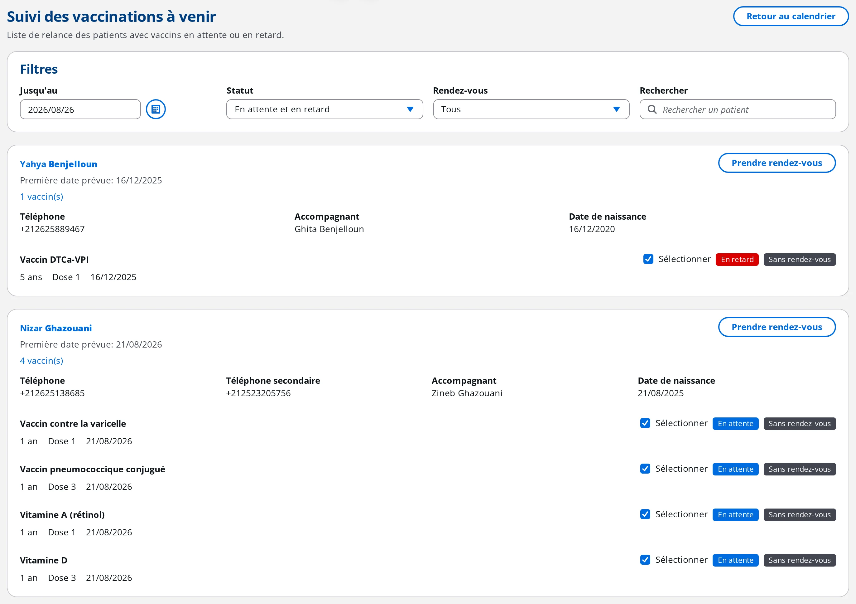 Liste de suivi des vaccinations à venir dans DrBook, avec les filtres et les enfants à relancer