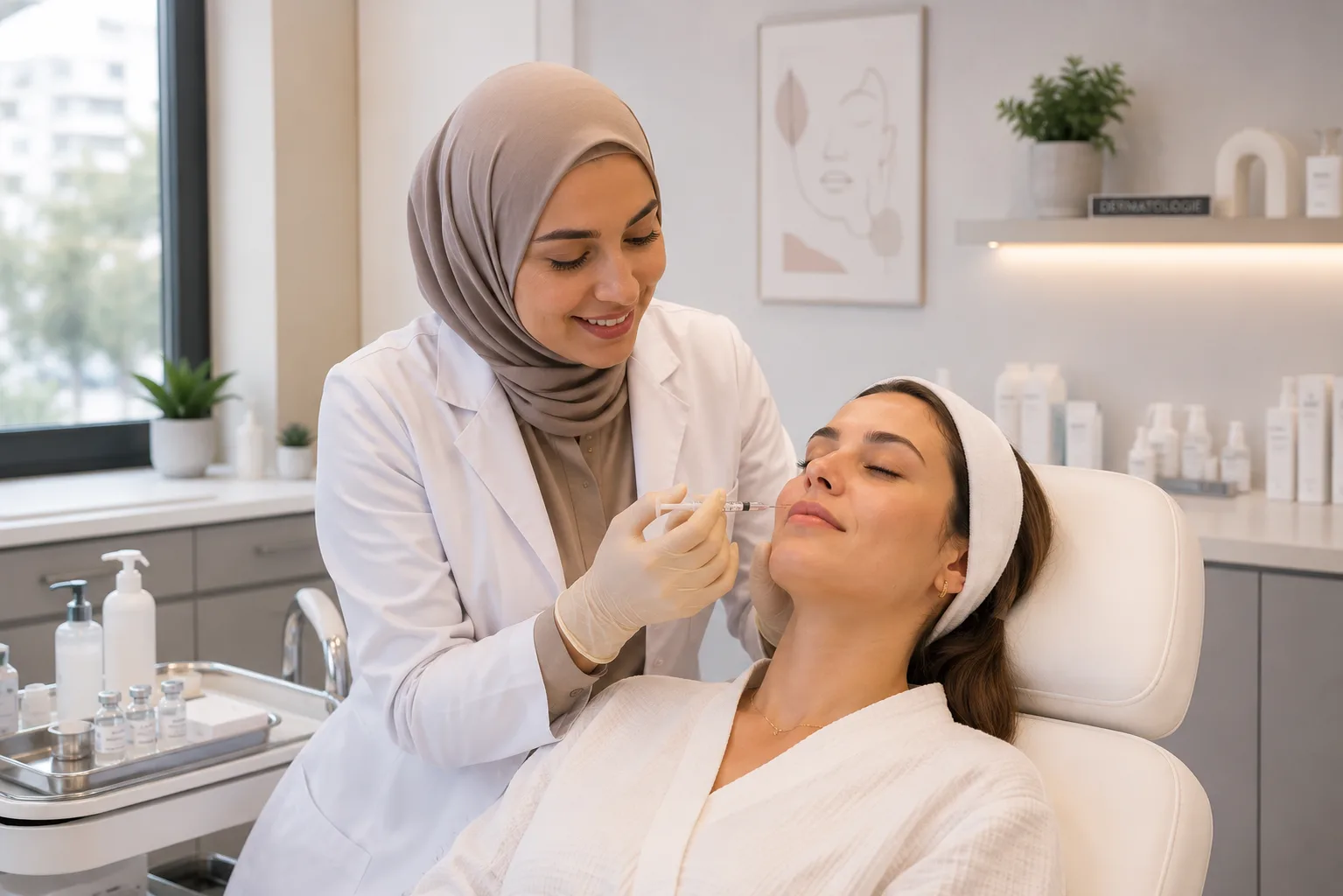 Dermatologue en consultation avec une patiente dans son cabinet
